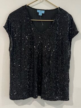 CeCe Black Sequin Short Sleeve V-Neck Top L